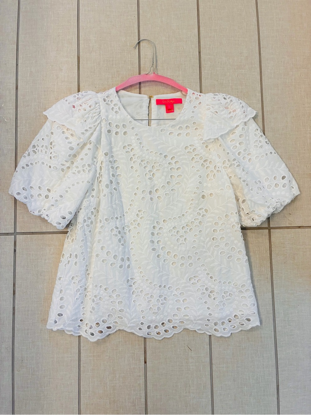 Lilly Pulitzer White Eyelet Puff-Sleeve Lined Cotton Top S